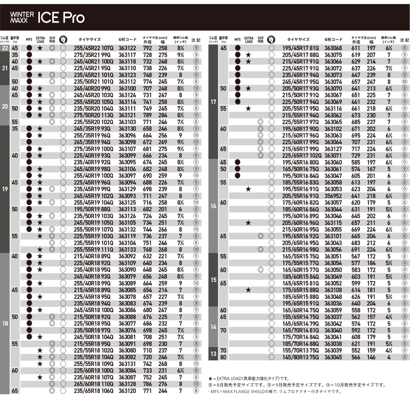 ダンロップ WINTER MAXX ICE Pro サイズ表